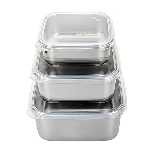 U Konserve Stainless Steel Nested Trio Food Storage Container Bento Box, Set of 3 (15, 30, & 50 oz), Leak Resistant, Silicone Lid, Dishwasher Safe…