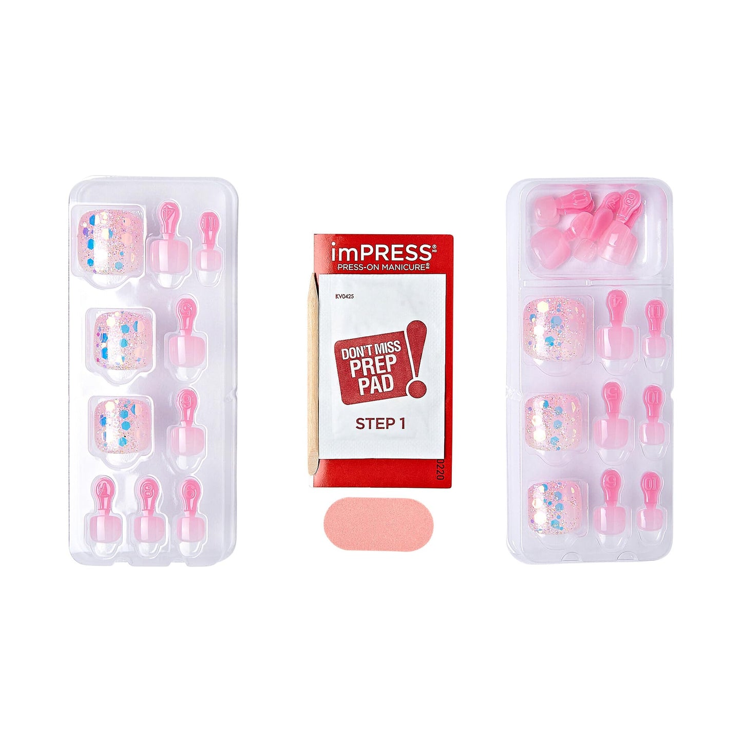 KISS Impress No Glue Pedi Press-On Toenails, Light Pink, Glitter, Squoval Shape, Includes 24 Nails, Prep Pad, 1 Manicure Stick, 1 Mini File Beauty & Personal Care KISS