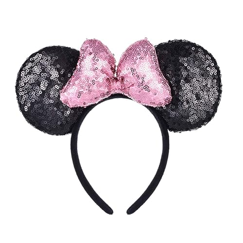 A Miaow 3D Black Mouse Sequin Ears Headband MM Glitter Butterfly Hair Clasp Park Supply Adults Women Photo Accessory (Black and Pink)