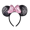 A Miaow 3D Black Mouse Sequin Ears Headband MM Glitter Butterfly Hair Clasp Park Supply Adults Women Photo Accessory (Black and Pink)