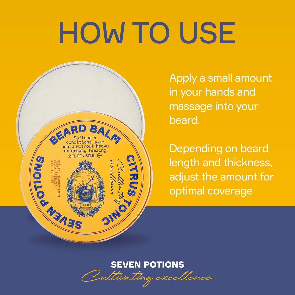 SEVEN POTIONS Beard Balm for Men - Conditioning Softener to Nourish Skin, Facial Hair, and Stop Beard Itch - All-Natural, Vegan, Cruelty Free - Citrus