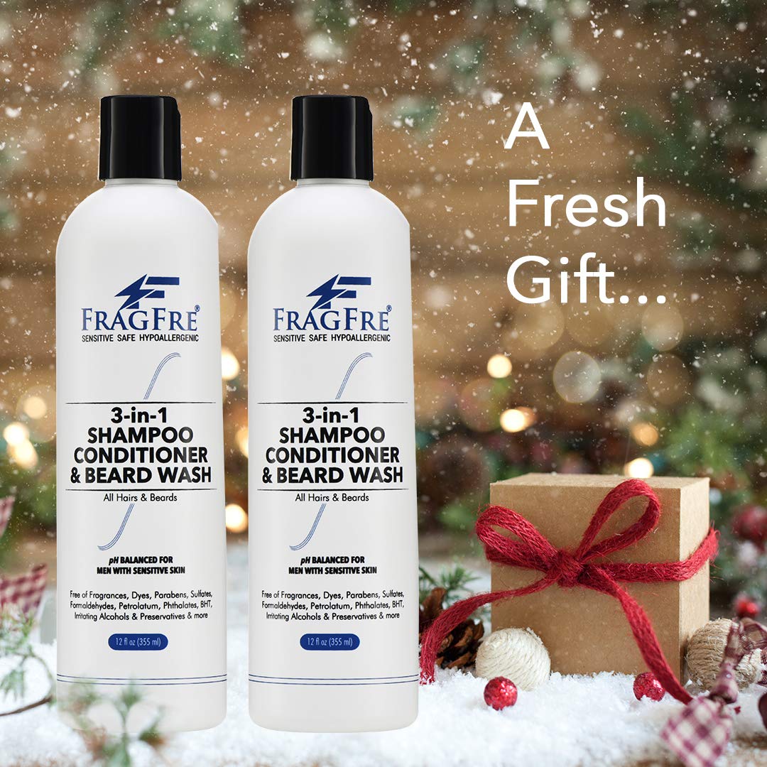 FRAGFRE Shampoo Conditioner and Beard Wash for Men, 12 oz - Unscented, Sensitive Skin, 3 in 1 Hair and Beard Cleansing and Conditioning, Grooming