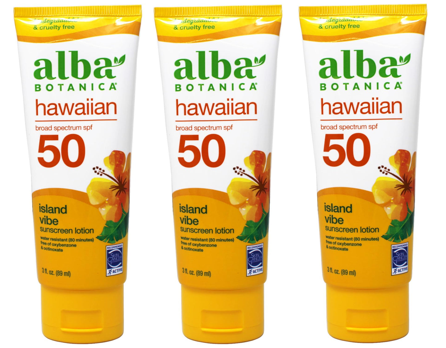 Alba Botanica Hawaiian, Island Vibe Sunscreen SPF 50, Water-Resistant (80 Minutes), 3 fl oz (Pack of 3)