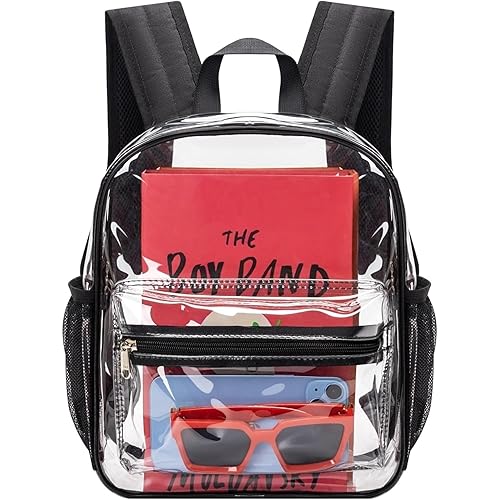 MAY TREE Clear Backpack for Stadium Events, 12x11x5 Inches Small Clear Backpack for Concert Festival Sports Outdoor - Black