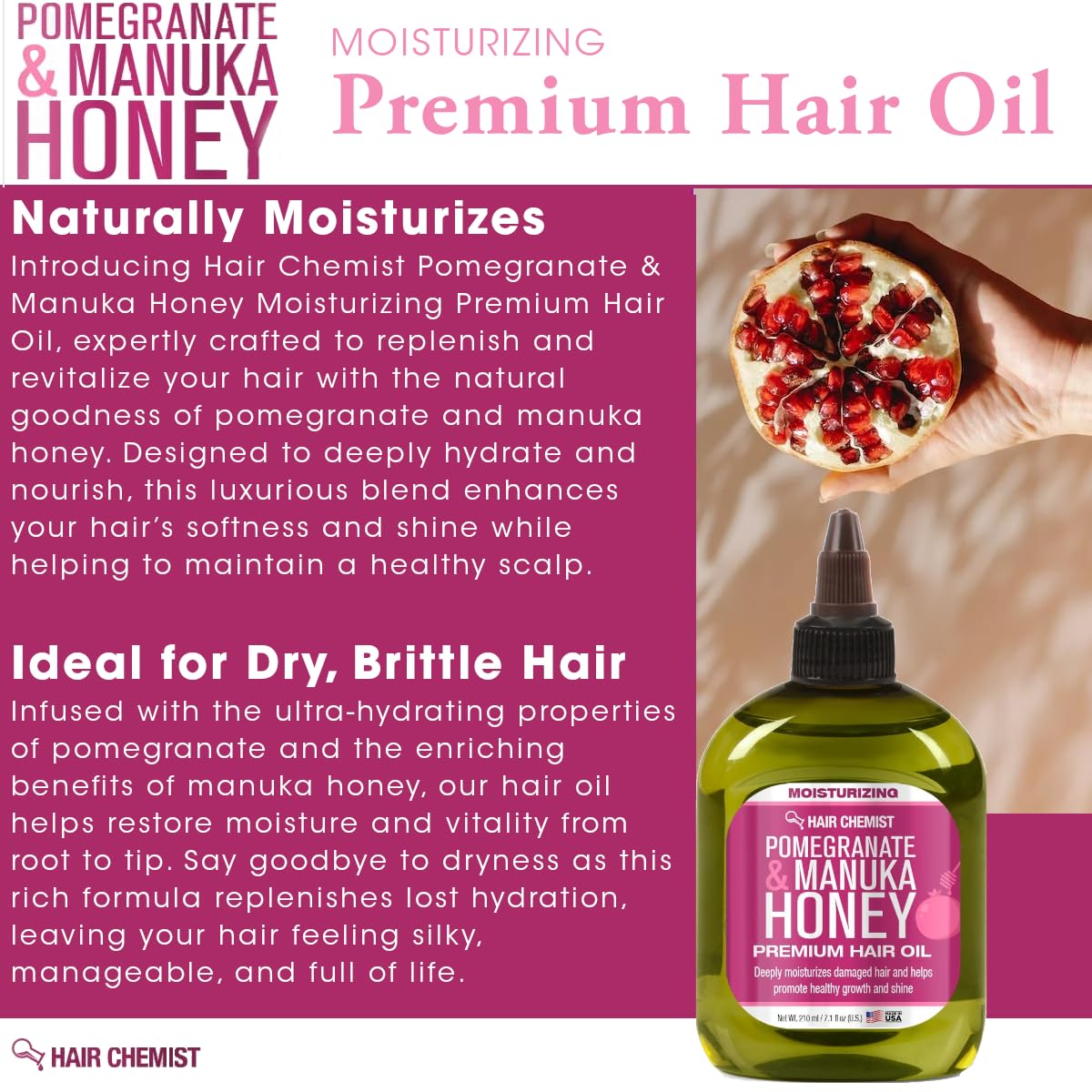 Hair Chemist Pomegranate & Manuka Honey Moisturizing Premium Hair Oil 7.1 oz. - Moisturizing Pomegranate and Honey Infused Hair Oil