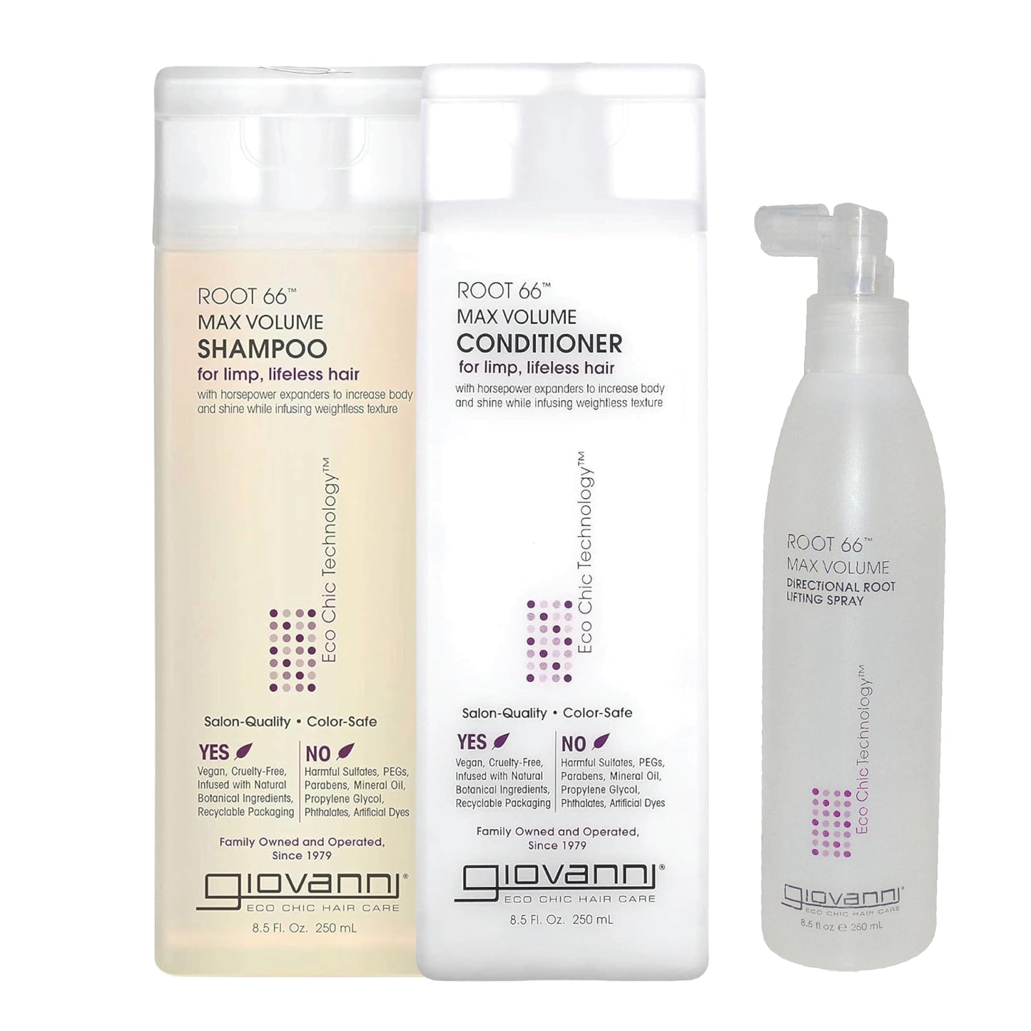 Giovanni Root 66 Max Volume Product Trio - Shampoo, Conditioner, and Root Spray for Women & Men, Moisturizing with Natural Ingredients for Damaged