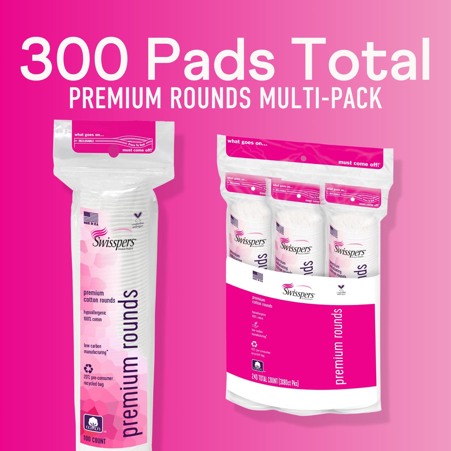 Swisspers Premium Cotton Rounds, Dual Sided Pads - 100 Pads (Pack of 3) - 100% Pure Chlorine-Free Cotton, Hypoallergenic & Dermotologist Tested Beauty and Personal Care Swisspers