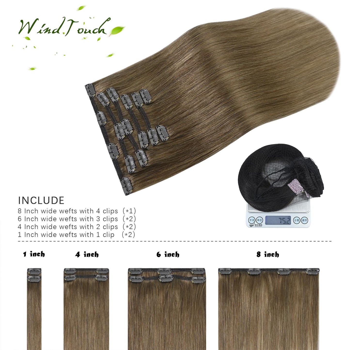 WindTouch Clip in Hair Extensions Remy Hair Ash Brown For Black Women 20Inch 75g Soft Clip Ins #8 7PCS Gift For Women