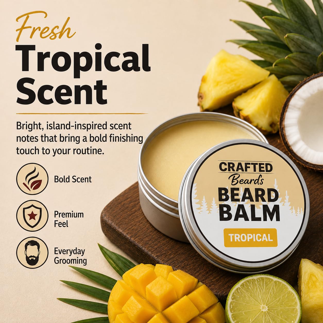 Beard Balm - Tropical Scent - 2oz Tin - Beard Wax - Light Hold - (TR) Beauty and Personal Care Crafted Beards