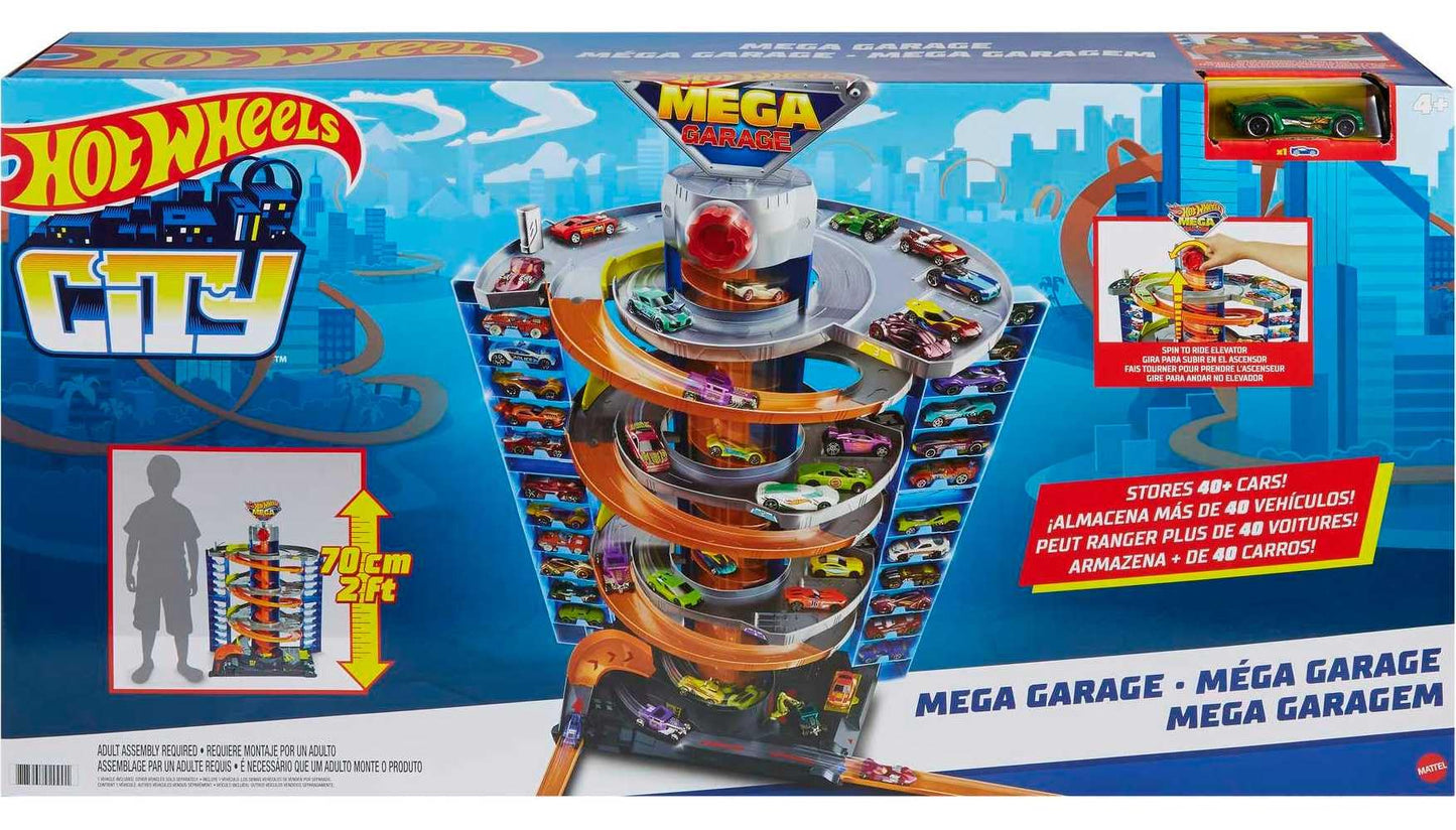 Hot Wheels City Mega Garage Playset with Corkscrew Elevator, Parking for 60+ Cars, Includes 1:64 Scale Vehicle, Kids Toy Gift Ages 4+ (HFH03)