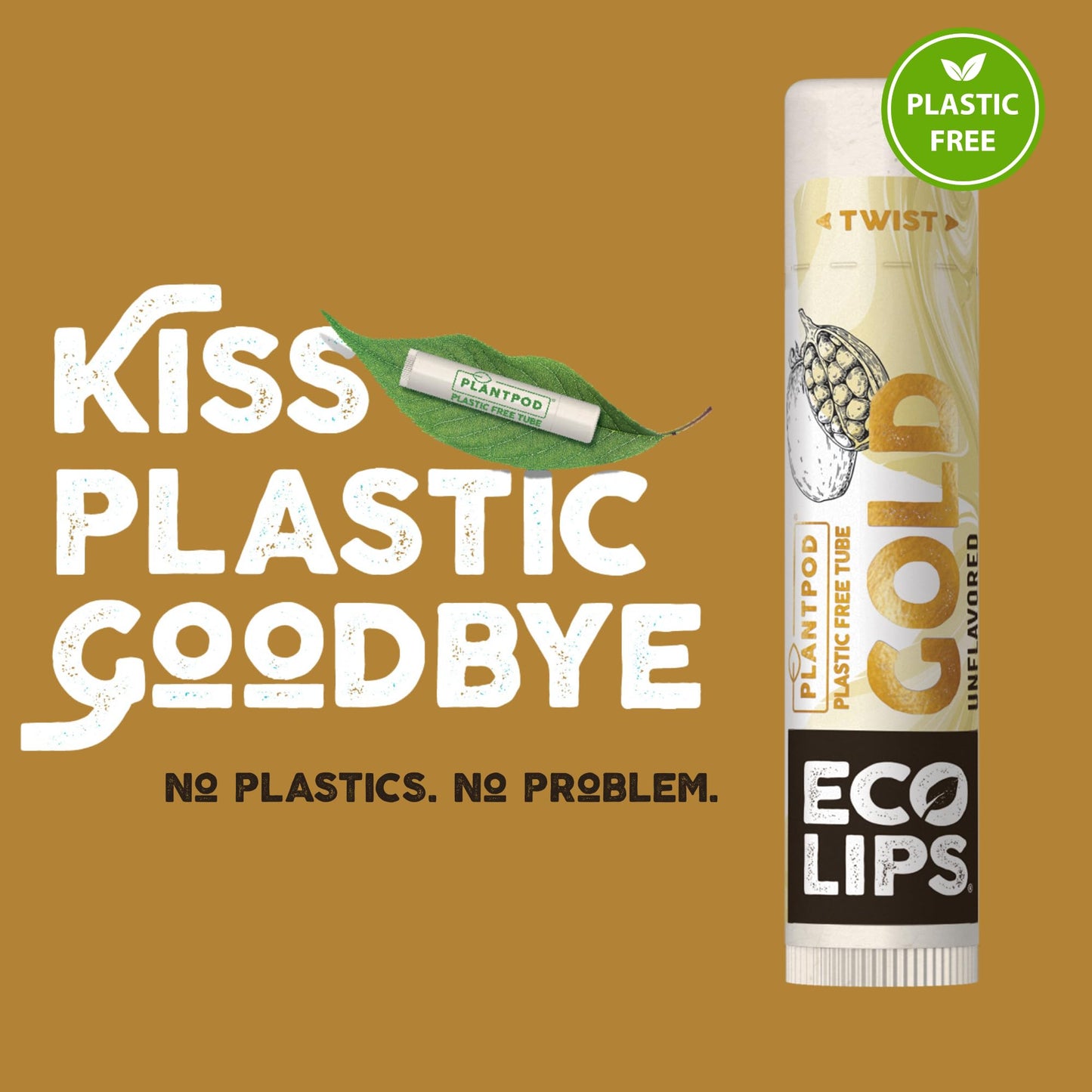 Eco Lips GOLD Organic Lip Balm with Baobab Oil - Soothe and Moisturize Dry, Cracked and Chapped Lips - 100% Plastic-Free Plant Pod Packaging (6 Tubes)