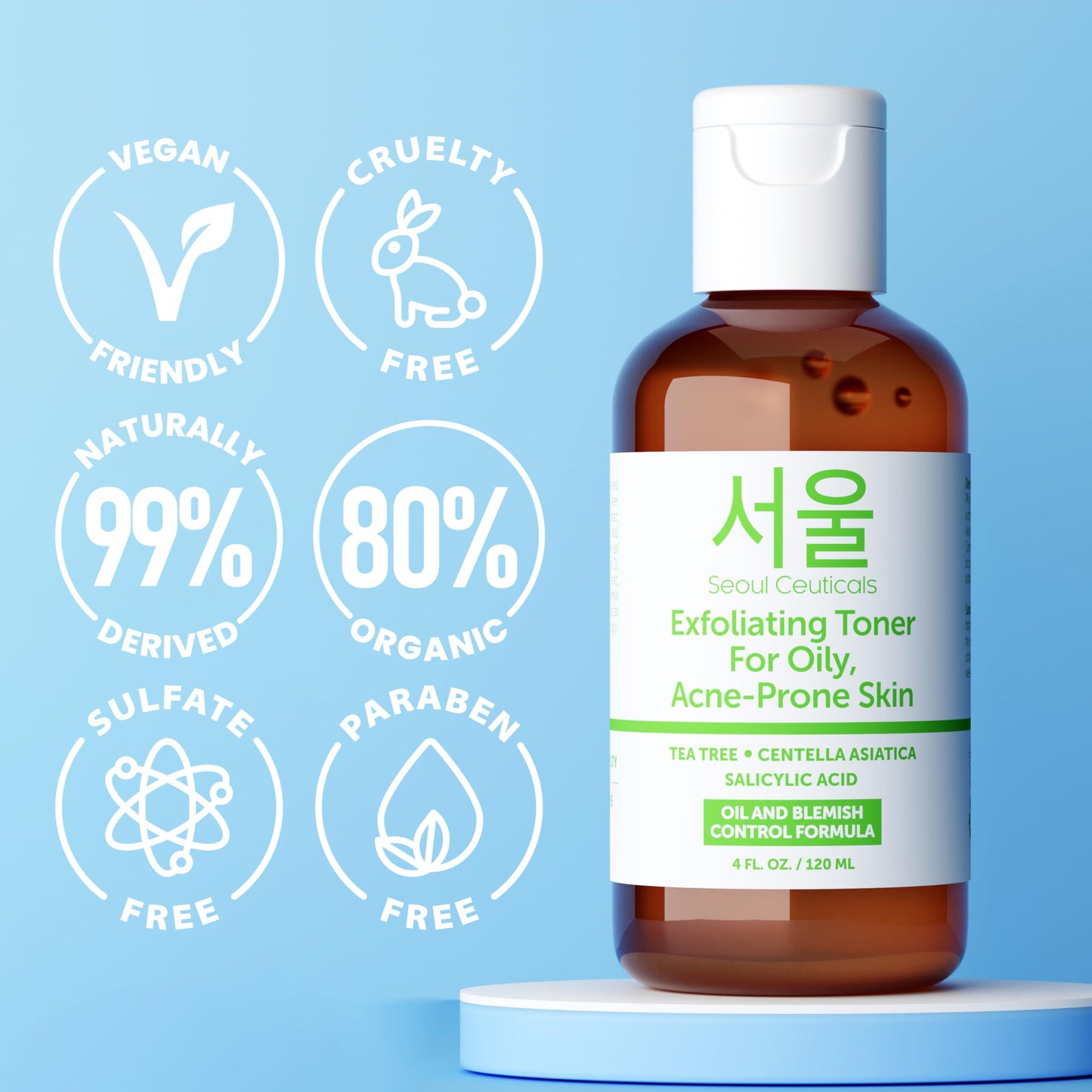 SeoulCeuticals Korean Toner for Oily Acne Prone Skin - Korean Skin Care Tea Tree Toner for Face - Facial Toner Centella Asiatica, Salicylic Acid. 4 FL