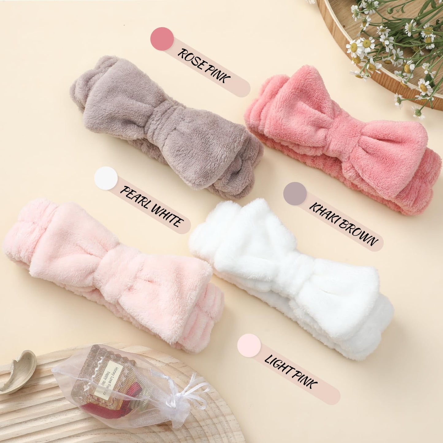 VITEVER 4 Pack Spa Headband for Washing Face, Girls Makeup Bow Tie Hair Band, Microfiber Women Headbands, Elastic Headband to Skincare, Gifts for Teen