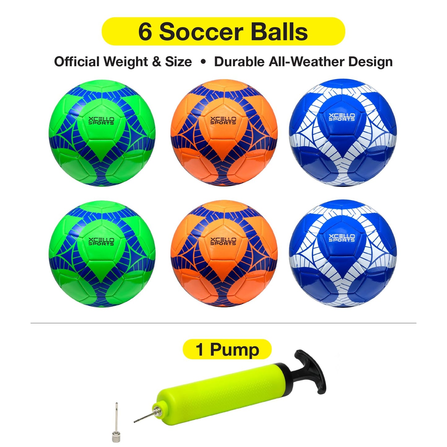 Xcello Sports Soccer Ball Size 4 Assorted Graphics (Orange, Green, Navy) with Pump (Pack of 6)