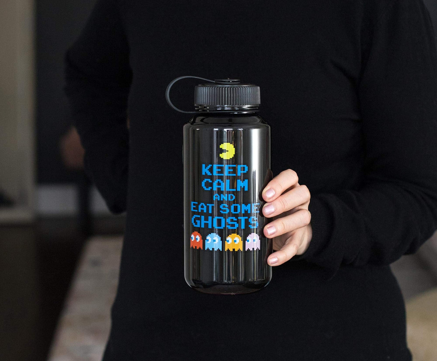 JUST FUNKY PAC-MAN Keep Calm and Eat Some Ghosts Water Bottle | BPA-Free Large Plastic Water Jug With Screw Top Lid | Hydration For Outdoor Sports