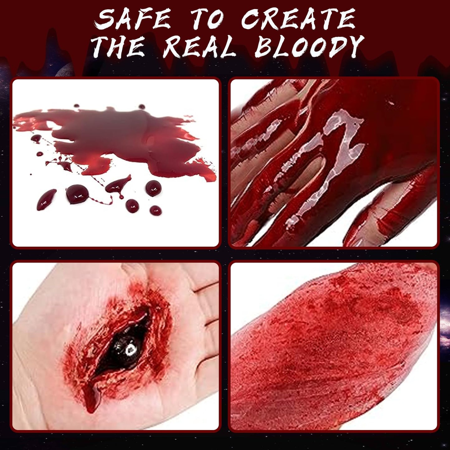 Halloween Fake Blood Washable, Realistic Effects Fake Blood for Scar Wound and Clothes,Easy Dry Flow Fake Blood for Eyes Drips Nose Bleeds