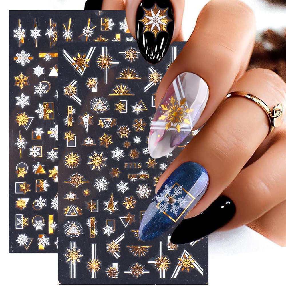 Christmas Nail Stickers, 3D Metal Gold Snowflake Nail Decals White Snowflake Elk Snowman Santa Claus Tree Christmas Bell Xmas Winter Nail Art Design
