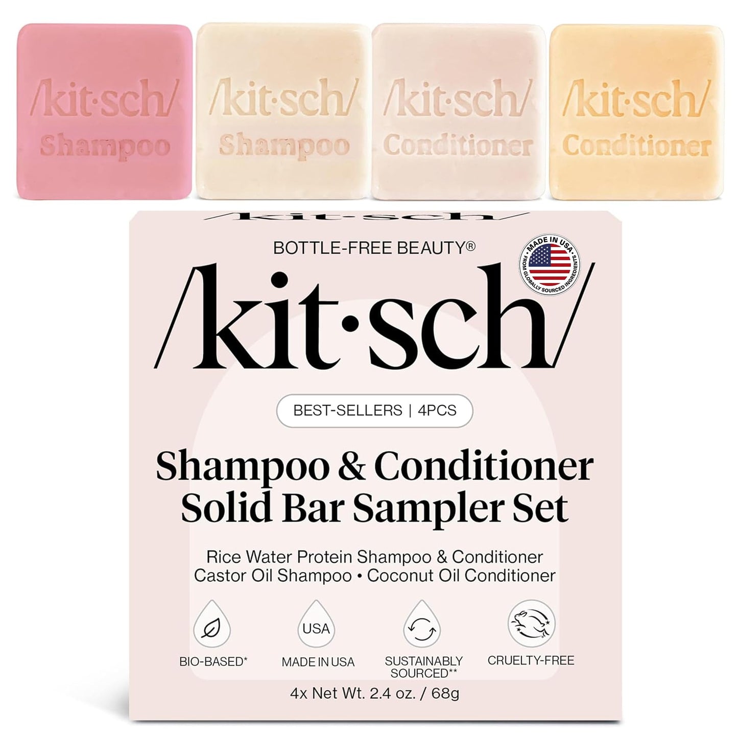 Kitsch Shampoo and Conditioner Set - 4pc Sampler Bars with Rice Water Shampoo and Conditioner, Castor Oil Shampoo & Coconut Oil Conditioner