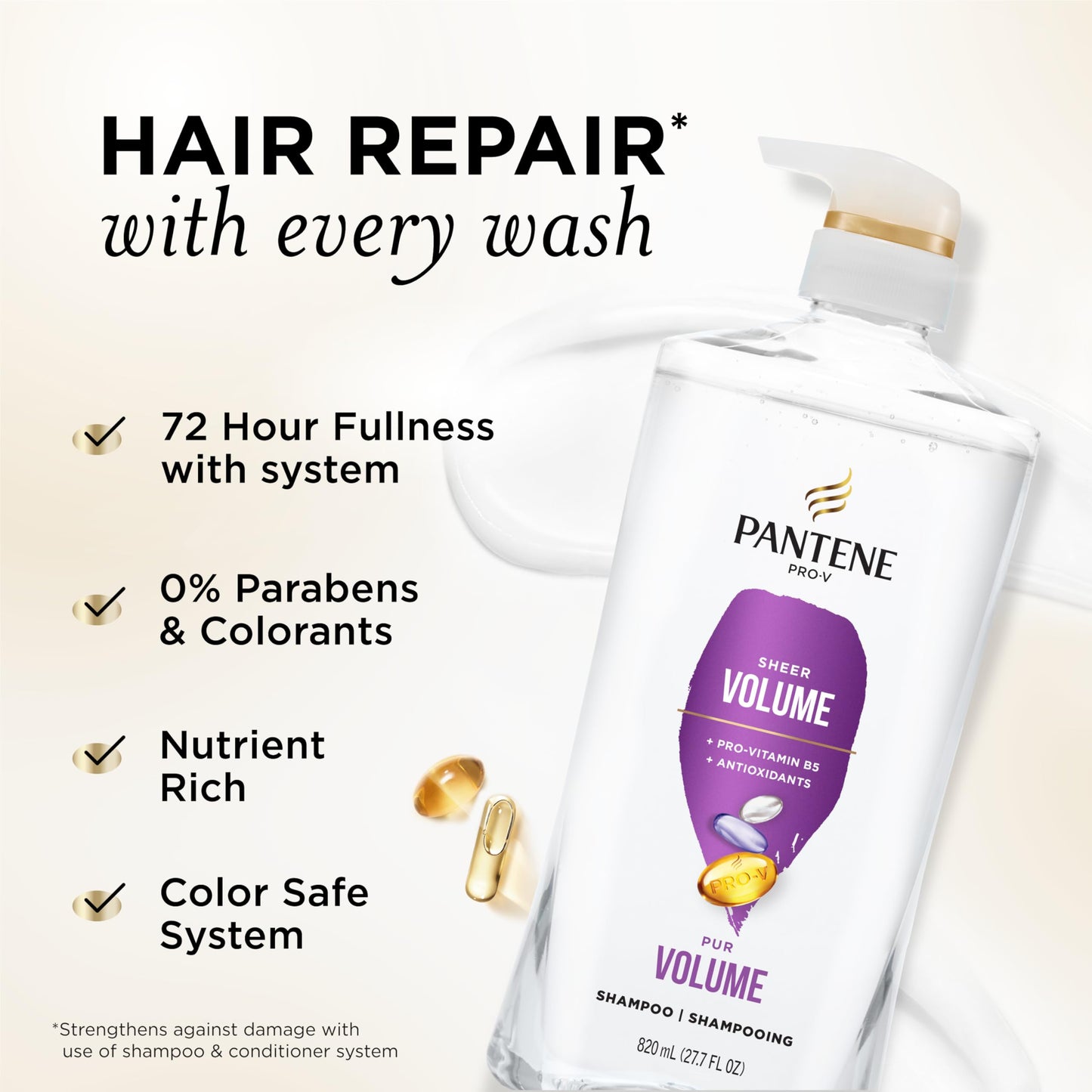 Pantene Shampoo, Sheer Volume - Lightweight Nourishment for Fine, Color-Treated Hair, 72-Hour Fullness and Body, 27.7 Oz Each