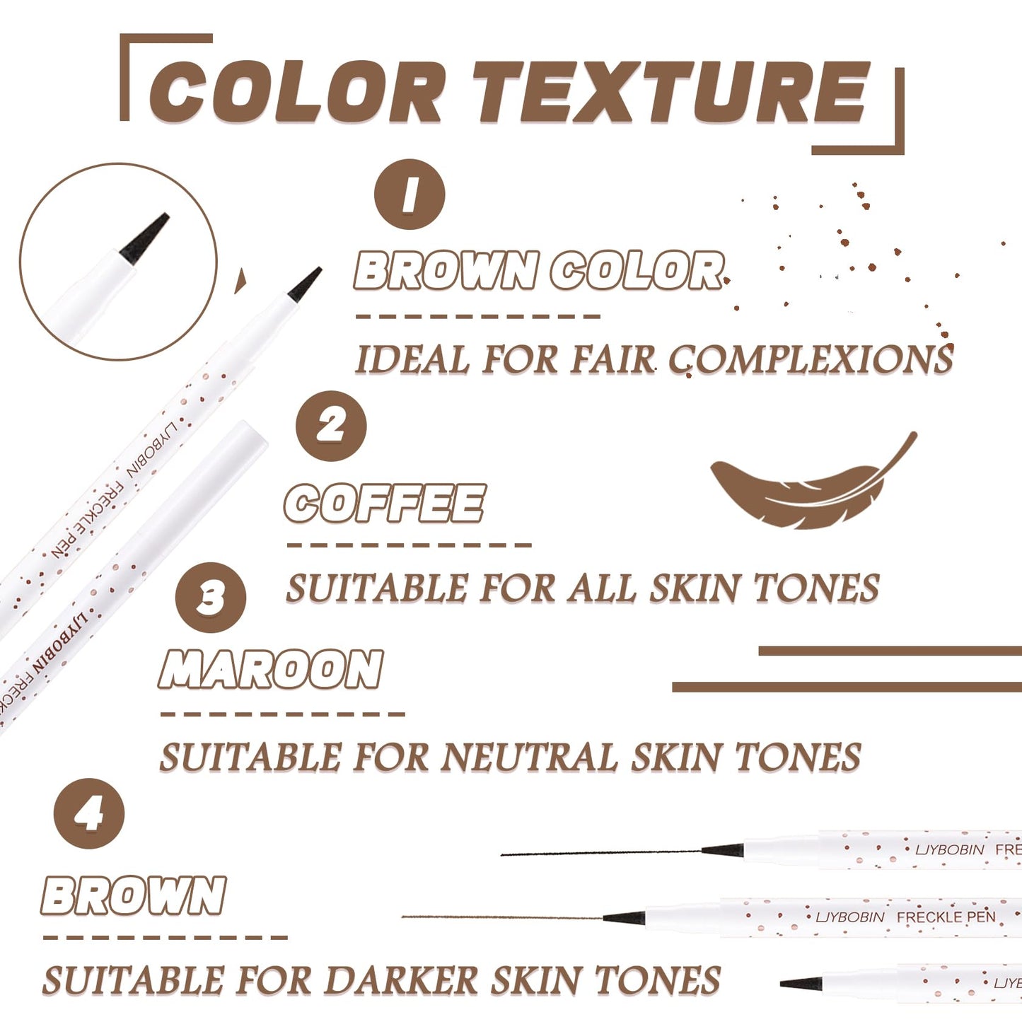 LJYBoBin Freckle Pen 4 Colors - Vivid Lifelike Freckle Makeup, Waterproof Long Lasting Quick Dry Soft Spot Pen - Light Brown, Coffee, Chestnut, Dark