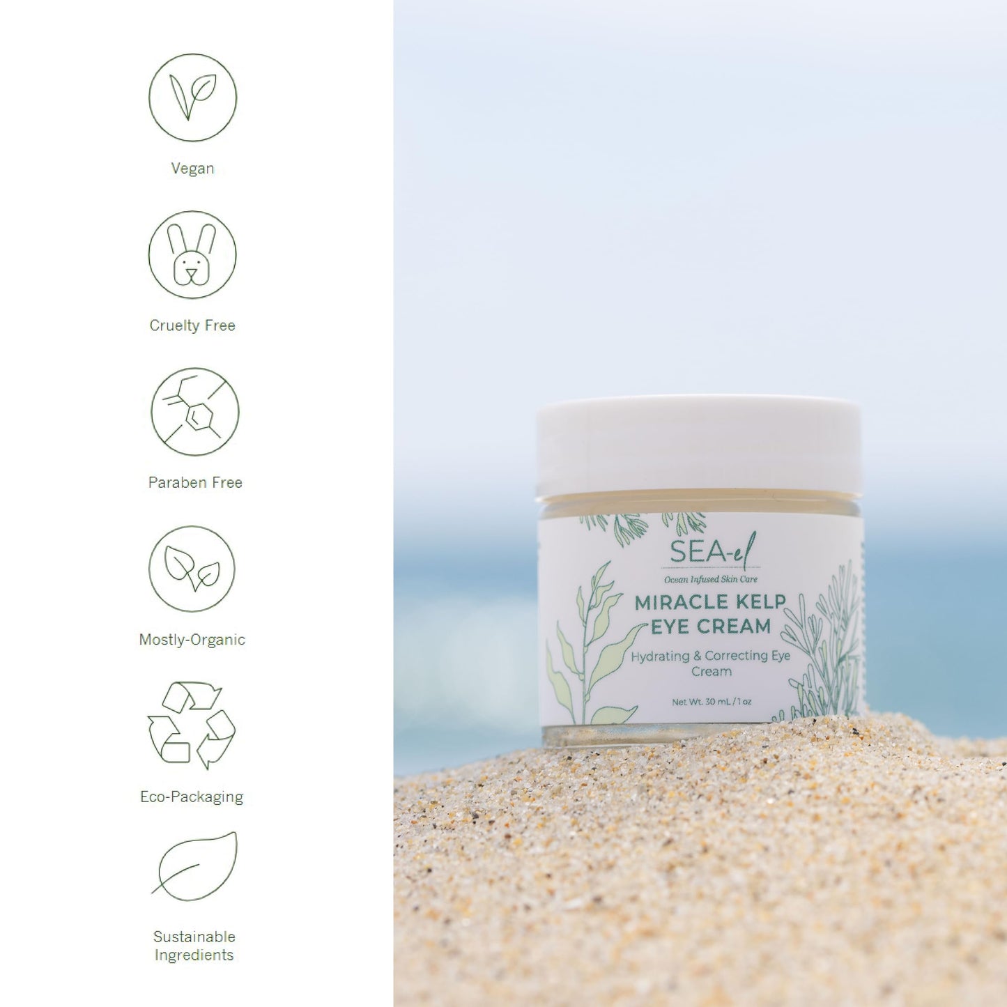 Sea-El Miracle Sea Kelp Eye Cream Hydrating & Correcting Yerba Mate Caffeine & Hyaluronic Acid for Dark Circles Bags & Puffiness - Daily Anti Aging