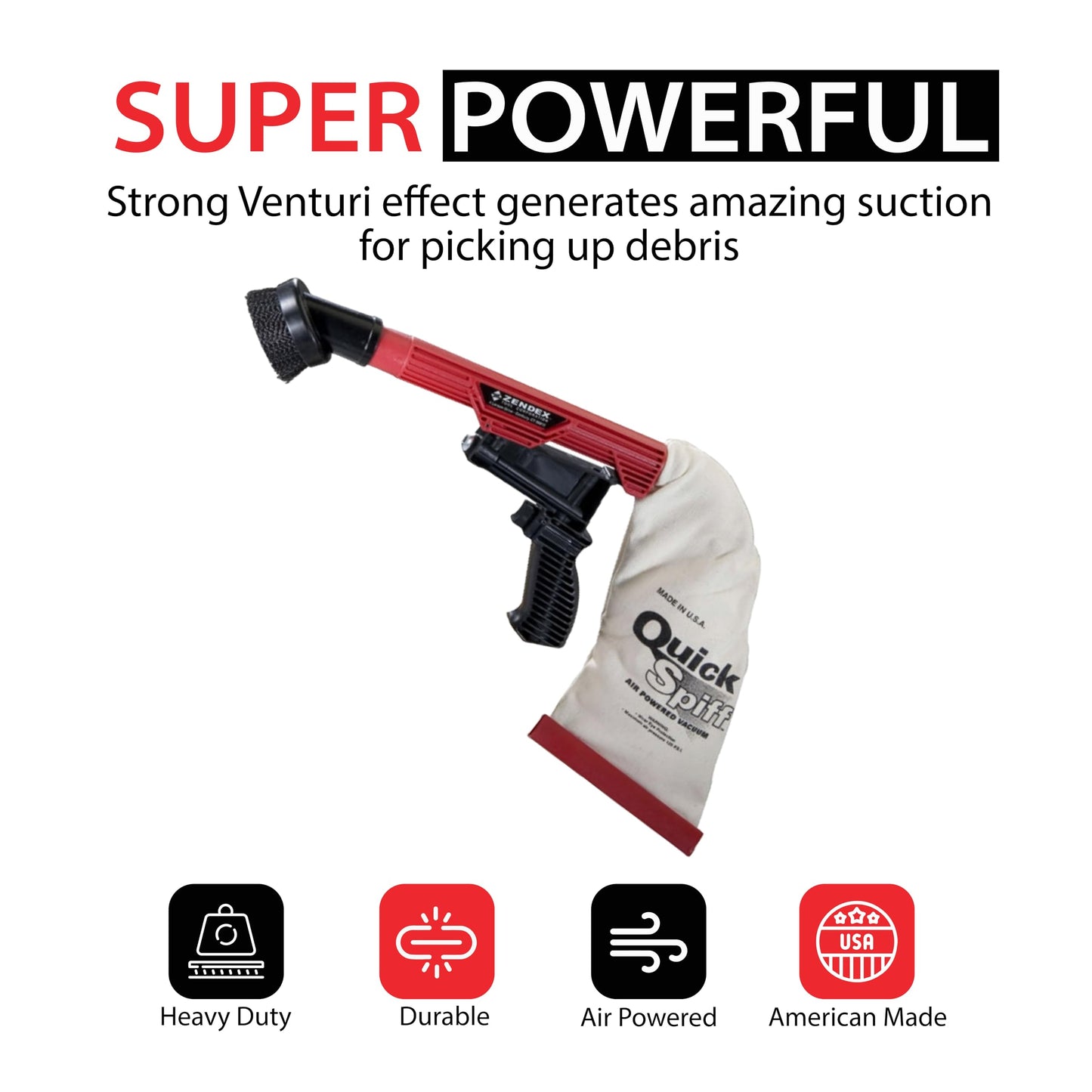 Zendex Tool - QuickSpiff Venturi Air Vacuum with Easy Empty Dust Bag - No Electricity Pneumatic Vacuum with Powerful Suction for Industrial