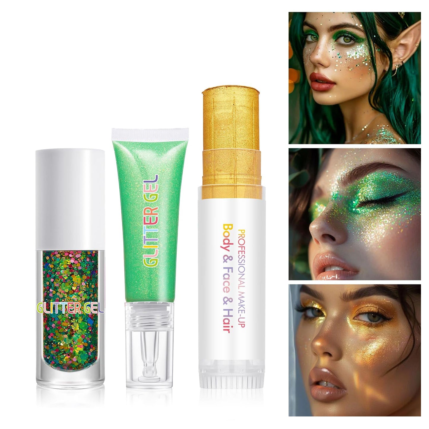 3Pcs Glitter Gel Set - Face & Body Chunky Sparkle Gel with Shimmer Highlighter Stick | Glitter Jelly for Eye, Festival Makeup, Nails, Body Art (Set B)