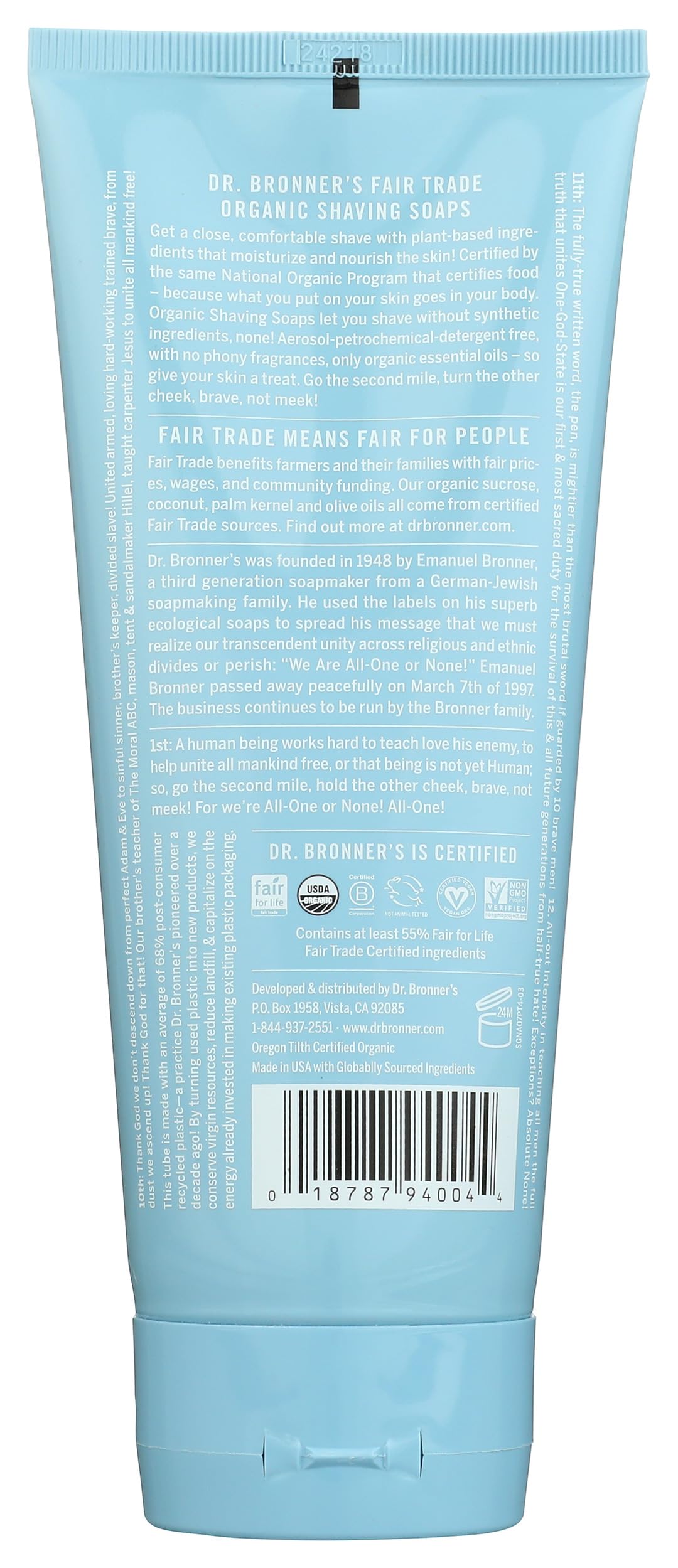 Dr. Bronner's Magic Organic Shaving Soap Gel Unscented 7 fl oz
