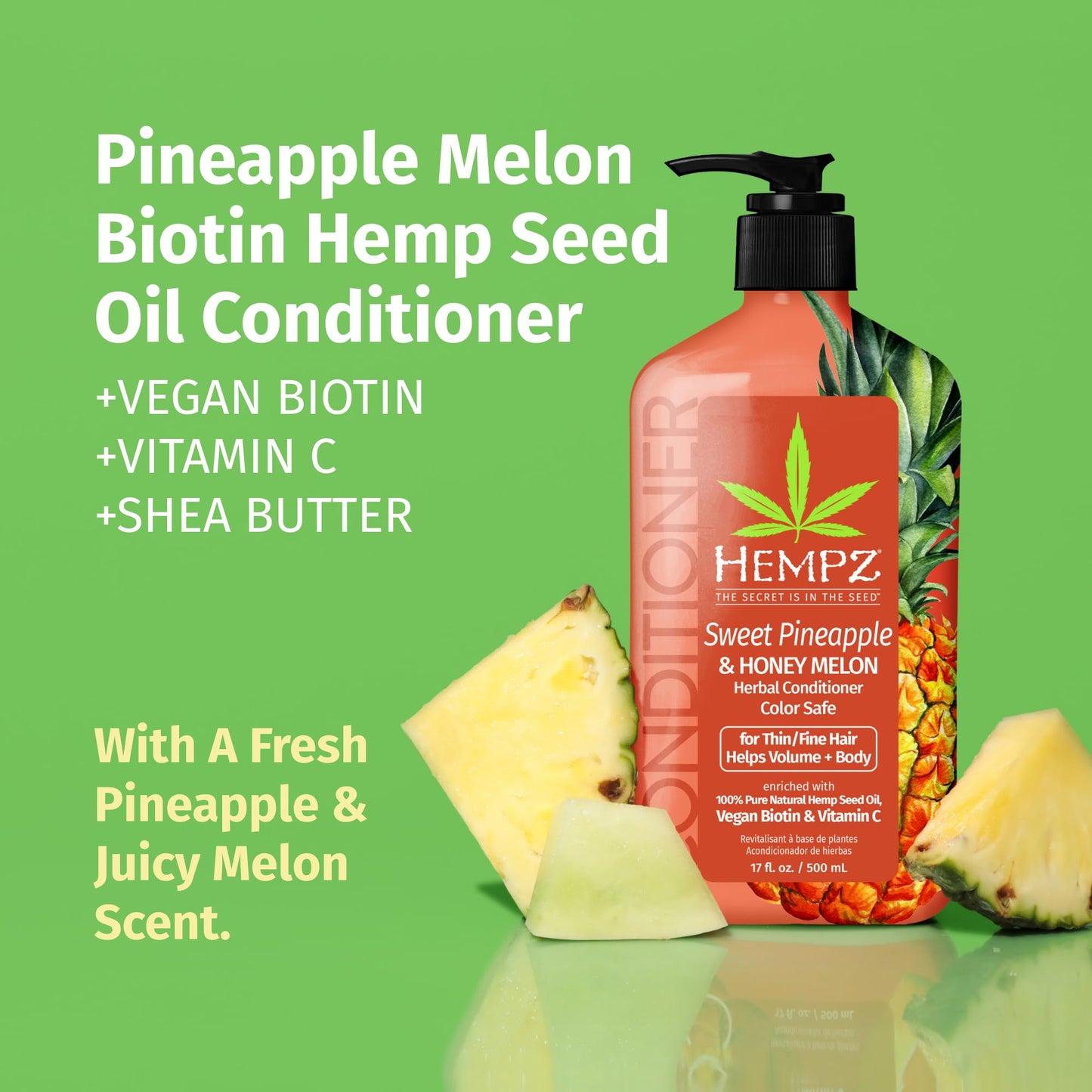 Hempz Biotin Conditioner - Sweet Pineapple & Honey Melon - For Thin/Fine Hair Growth & Strengthening of Dry, Damaged and Color Treated Hair