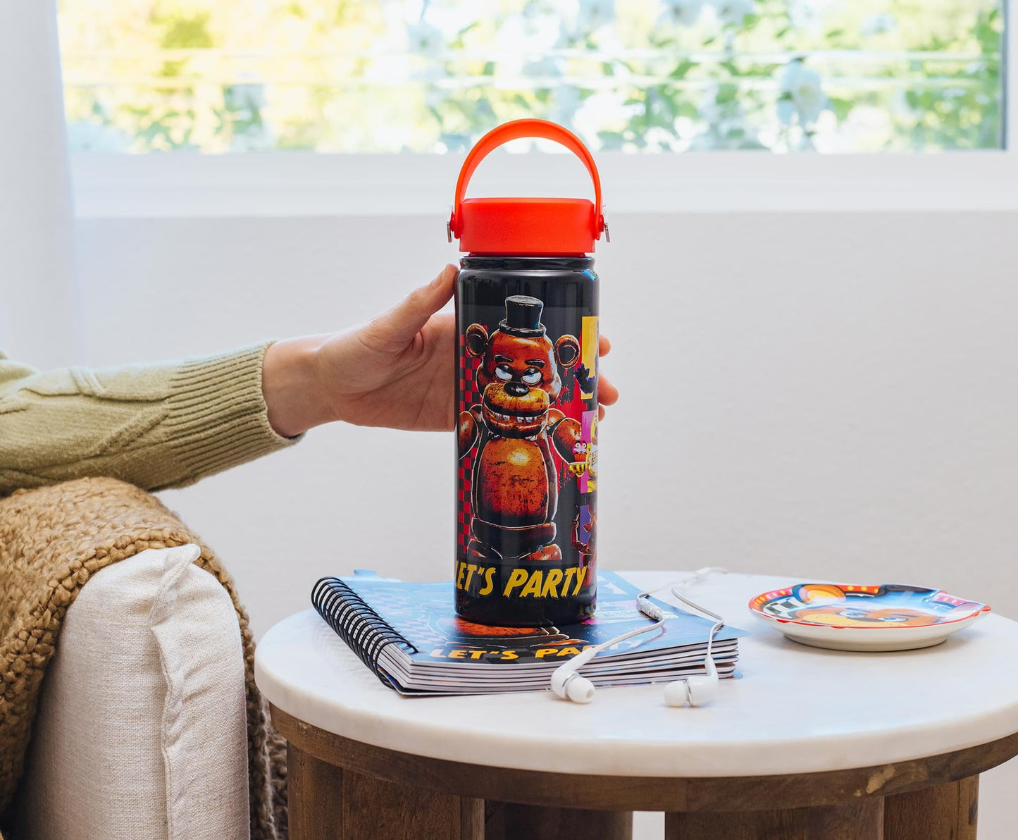 Silver Buffalo Five Nights at Freddy's “Let’s Party” Stainless Steel Water Bottle with Swivel Handle Featuring Freddy Fazbear, Chica, Bonnie