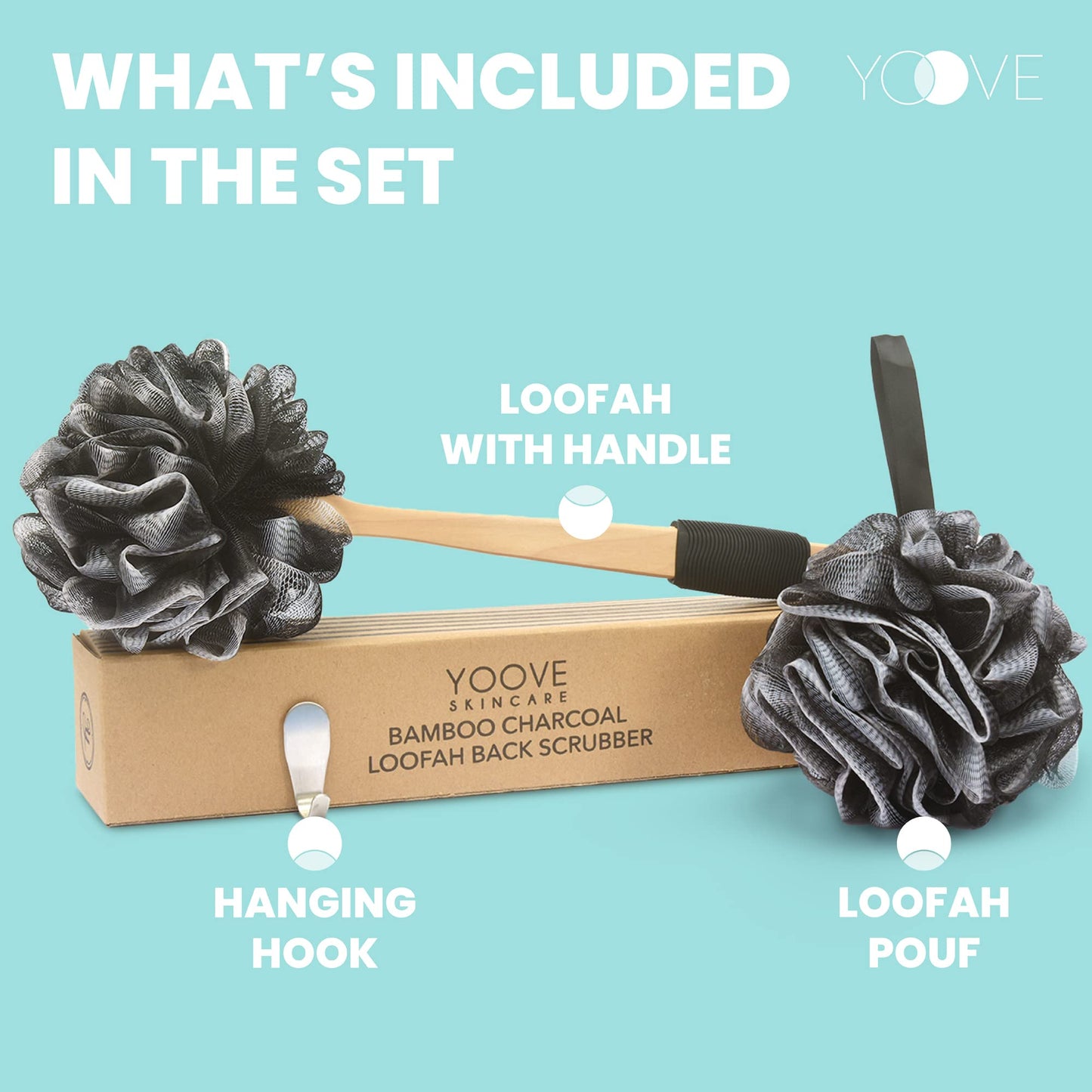 Bamboo Charcoal Infused Back Scrubber - Loofah with Handle | Exfoliating Shower Loofah for Men & Women - Features 1 Loofah on a Stick, 1 Loofa Pouf