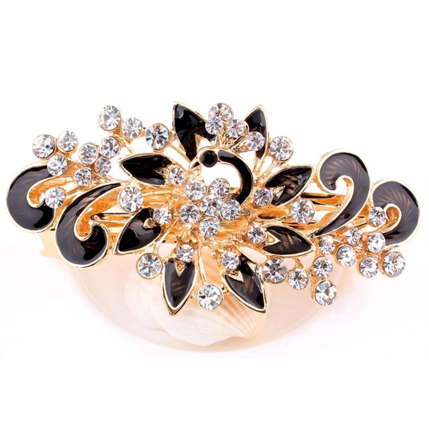 NYKKOLA Women's Multilayered Peacock Shaped Rhinestone French Barrette Hair Clip Black