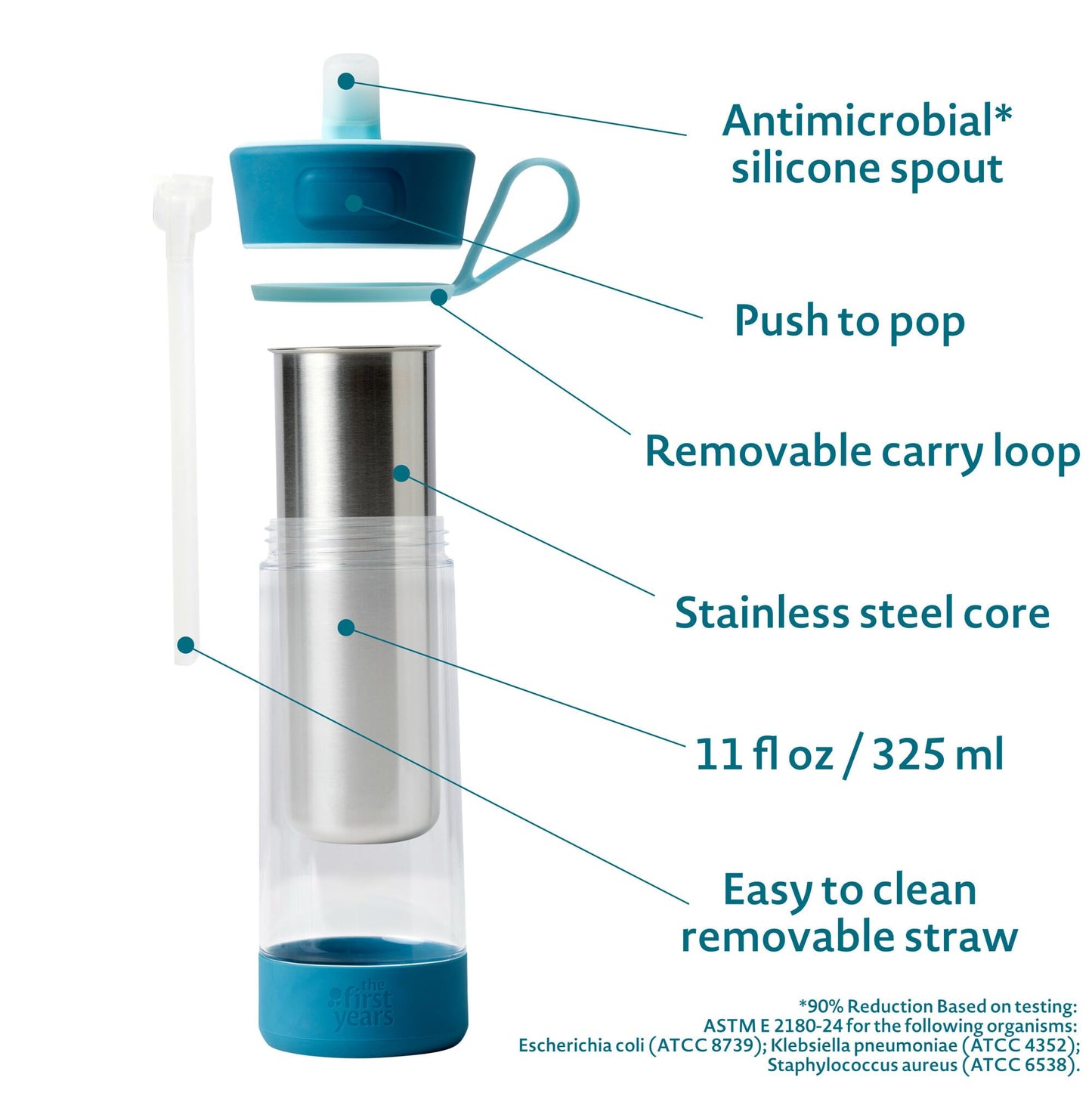 The First Years CoolCore Insulated Kids Water Bottle - Stainless Steel With Straw - Silicone Spout Leak Proof - for School