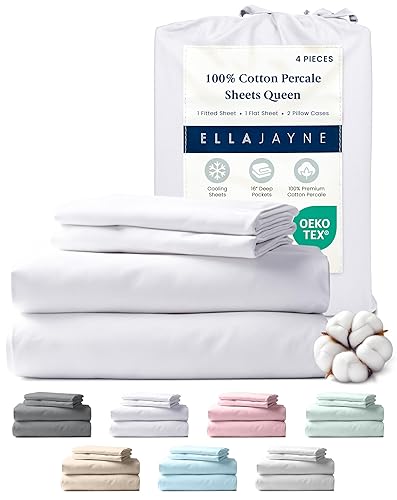 Ella Jayne Percale Sheets Queen (4 Pieces), Permium 100% Cotton Percale TC300, Hotel Luxury Collection, Deep Pockets and Cooling Percale Sheets