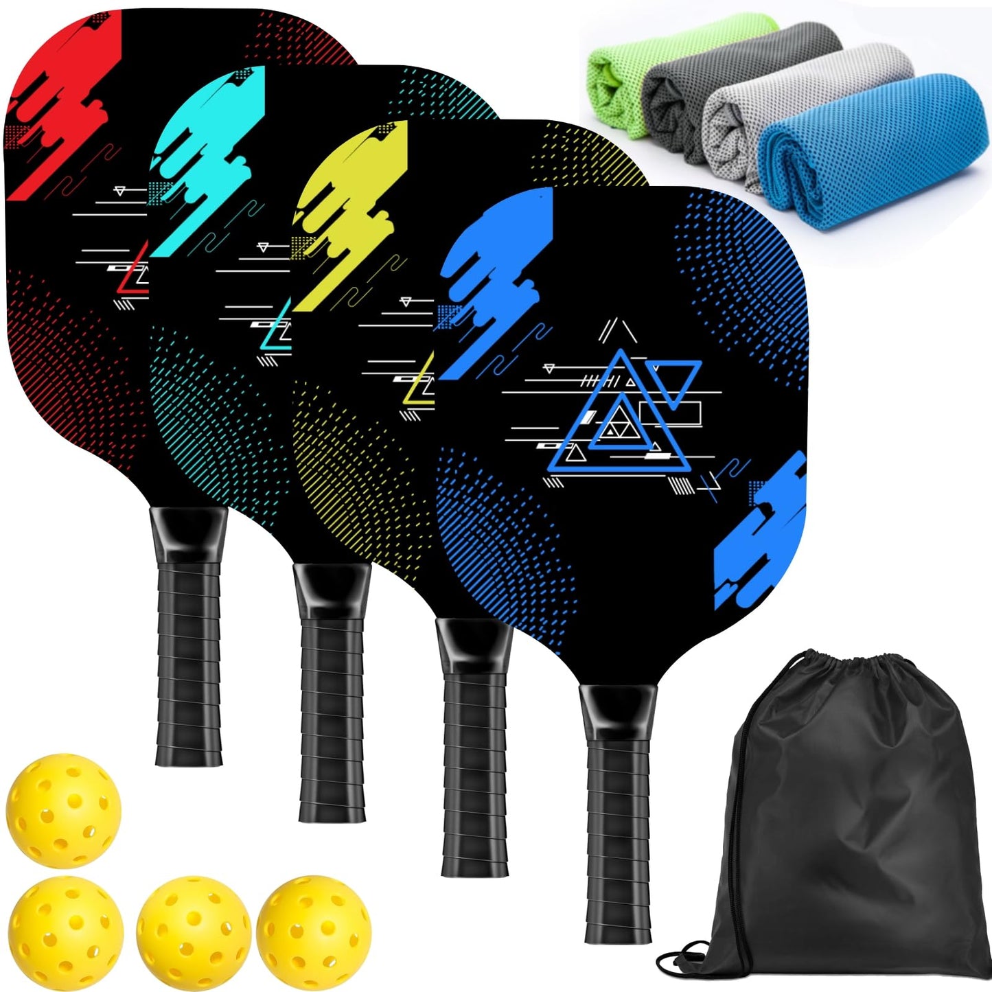 AOPOUL Pickleball Set with 4 Premium Wood Paddles, Cushion Comfort Grip, 4 Cooling Towels, 4 Pickleball Balls & Carry Bag, Pickle Ball Paddle for Men…