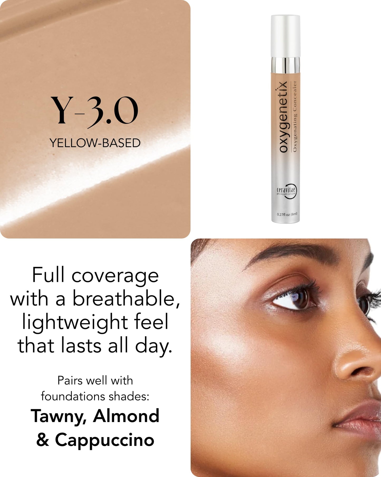 Oxygenetix Oxygenating Concealer - Y-3.0 | Full Coverage for Dark Circles, Face & Body | Lightweight, Sweat-Resistant Formula