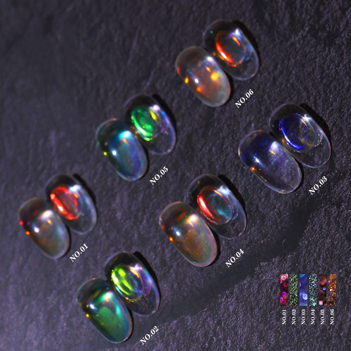 Ice Transparent Aurora Nail Powder Neon Rainbow Holographic Chameleon Powder Multi Chrome Iridescent Pigment Pearlescent Nail Art Glitters (6 Boxes