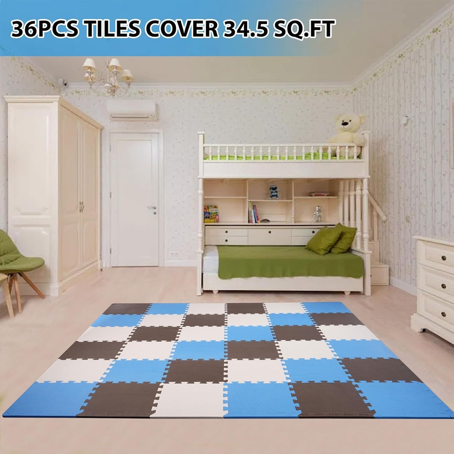 BalanceFrom Puzzle Play Mat – 36 Interlocking Foam Floor Tiles, Blue/Brown/Beige, Soft Playroom Flooring for Indoor & Outdoor Playpen