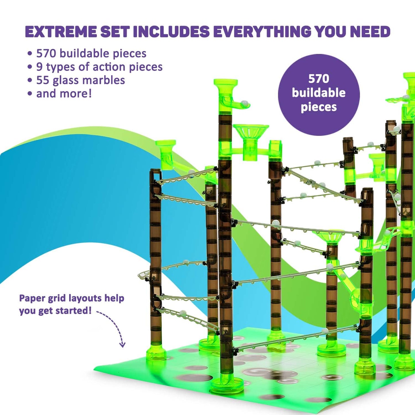 Marble Genius Marble Rails Extreme 625pcs Set – STEM Marble Run with 55 Marbles, Rails & Bases, Full-Color Instructions for Kids 8+