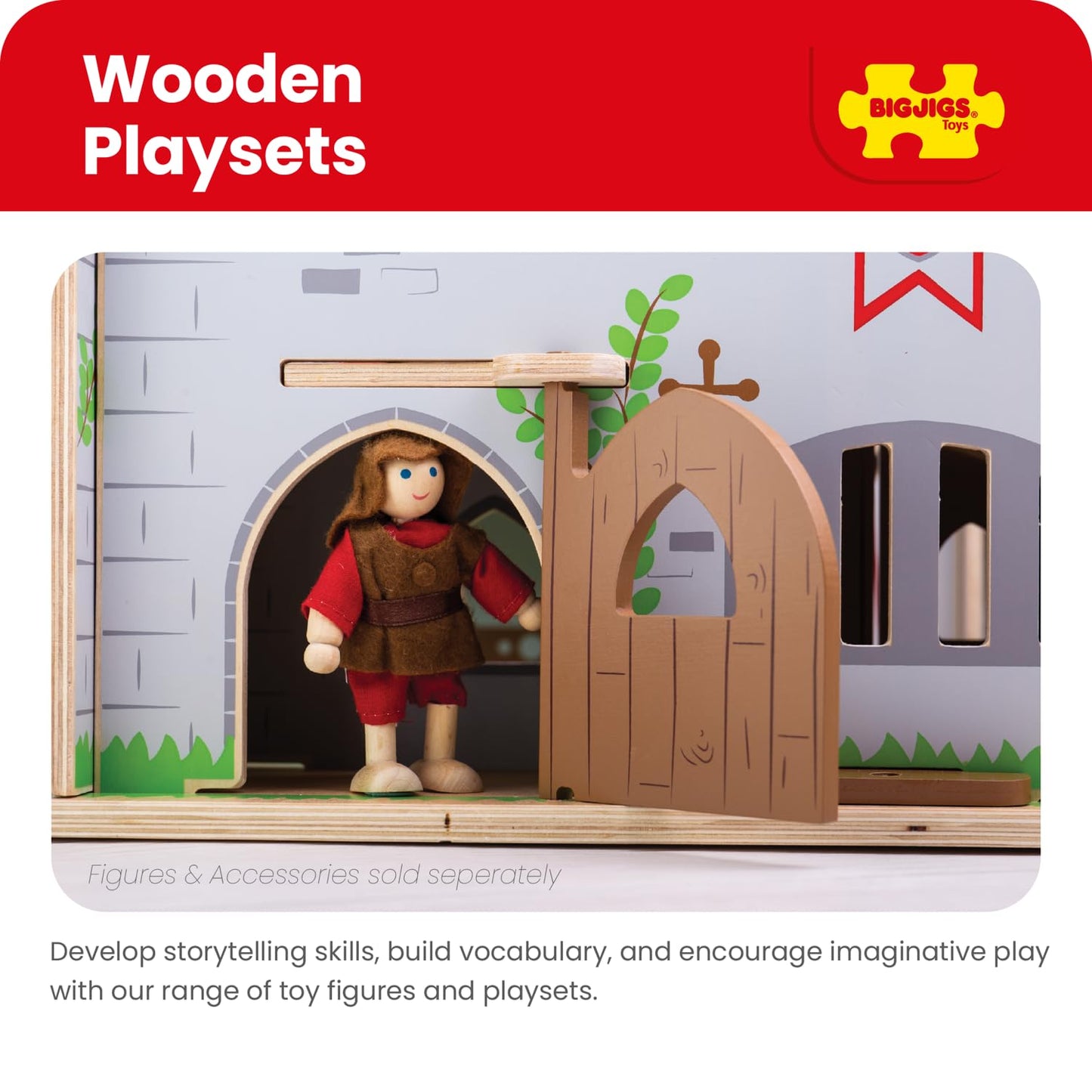Bigjigs Toys King George's Castle – Wooden Medieval Fort Playset with Drawbridge, Balconies & Doors, Fantasy Role Play Toy for Kids 3+