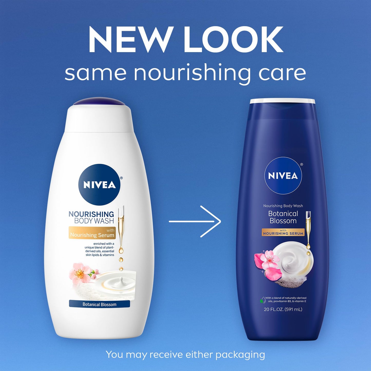 NIVEA Nourishing Botanical Blossom Body Wash with Nourishing Serum, Moisturizing Body Wash for Women, Enriched with Provitamin B5 and Vitamin E, 20 Fl