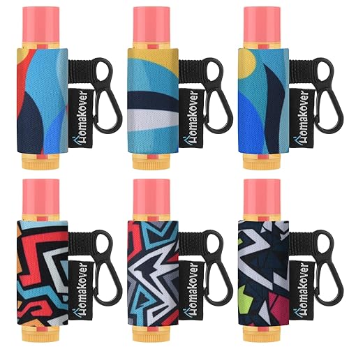6 Pack Compact Clip-On Lipstick Holder Premium Release Hang Neoprene Sleeve Lip Balm with Hang Fits Most Standard Lip Balm (Abstract Painting)