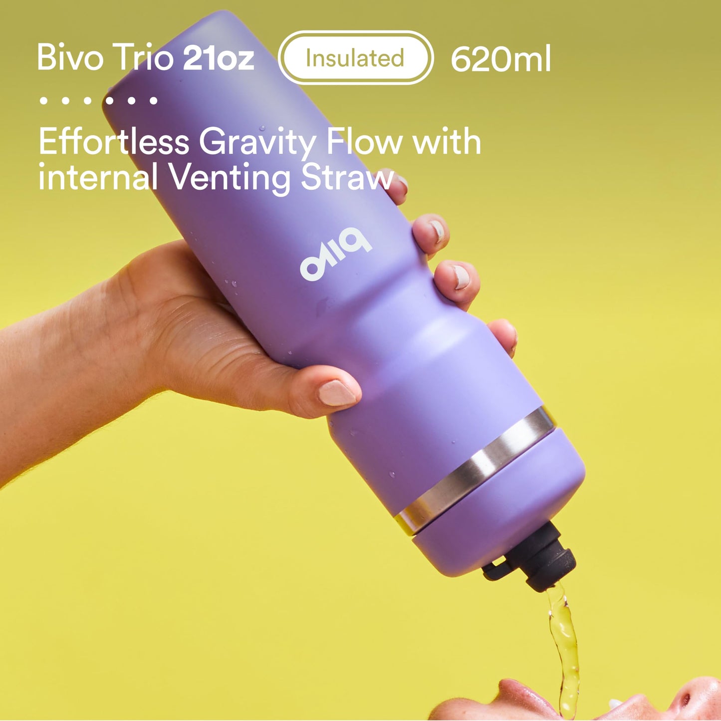 Bivo Trio 21oz Insulated Stainless Steel Bike Water Bottle - for Cycling - Fits Most Cages, Dishwasher Safe - Keeps Drinks Cold 12+ Hours - Black