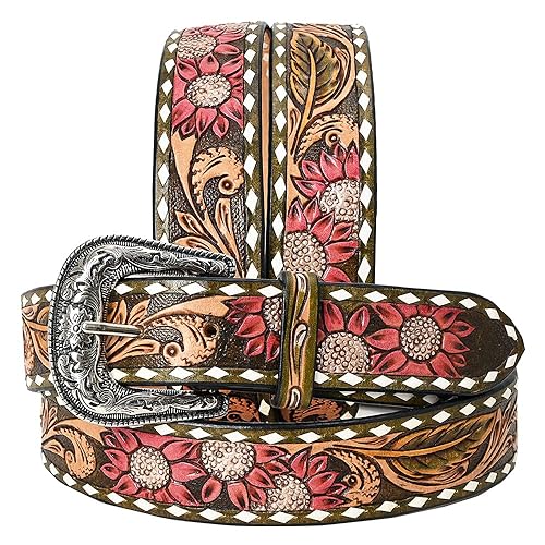 American Darling Large Beautifully Hand Tooled Green Genuine Leather Belt Men and Women Western with Removable Buckle