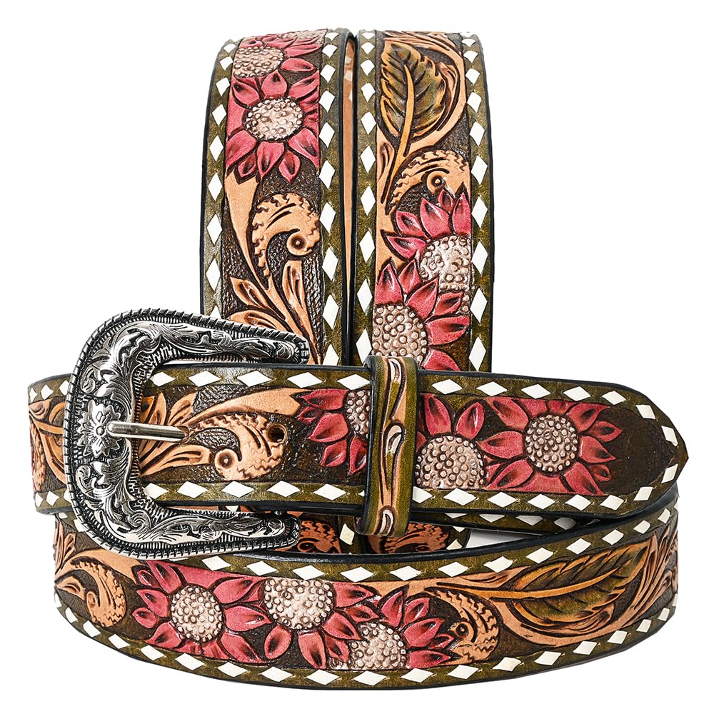 American Darling Large Beautifully Hand Tooled Green Genuine Leather Belt Men and Women Western with Removable Buckle