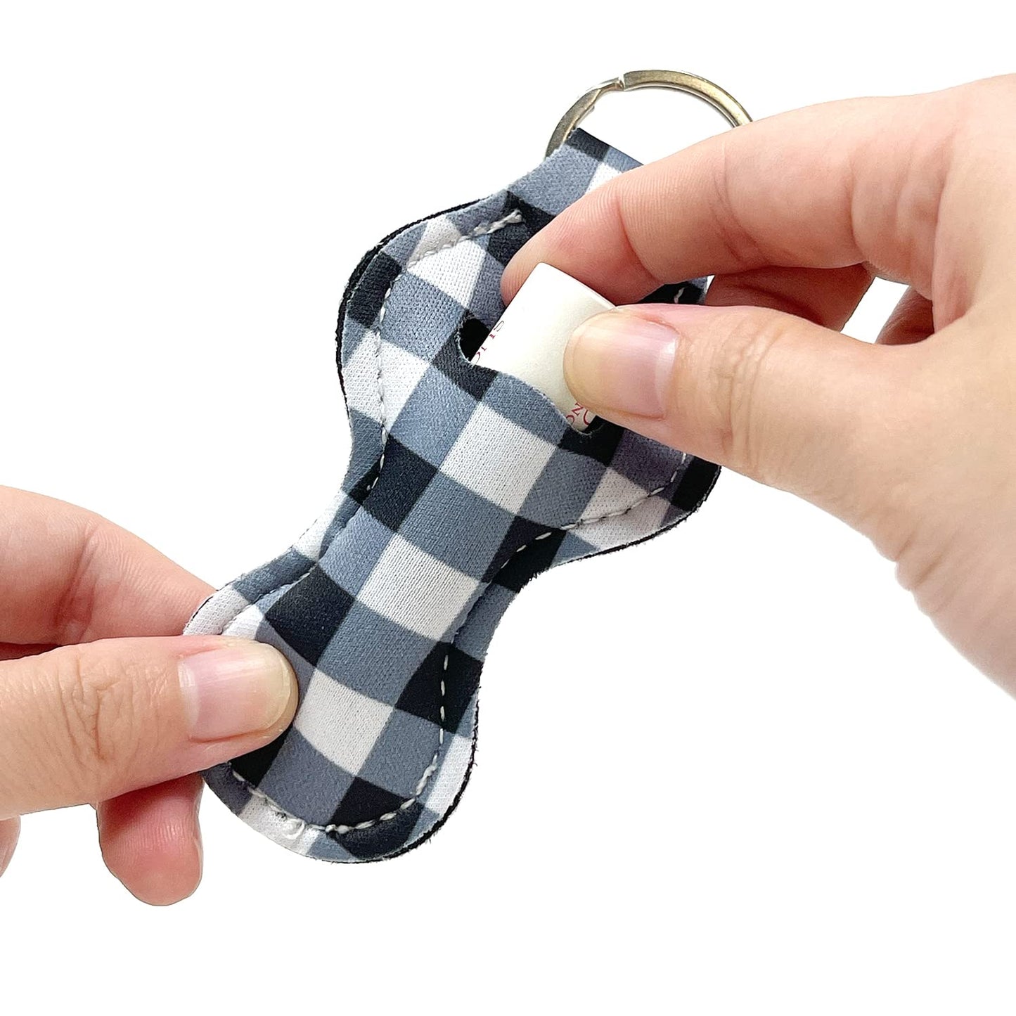 allydrew 10 Pack Chapstick Holder Keychain, Keyring for Lip Balm Lip Gloss Lipstick with 10 Pieces Metal Keyring Clasps, Blue & White Plaid
