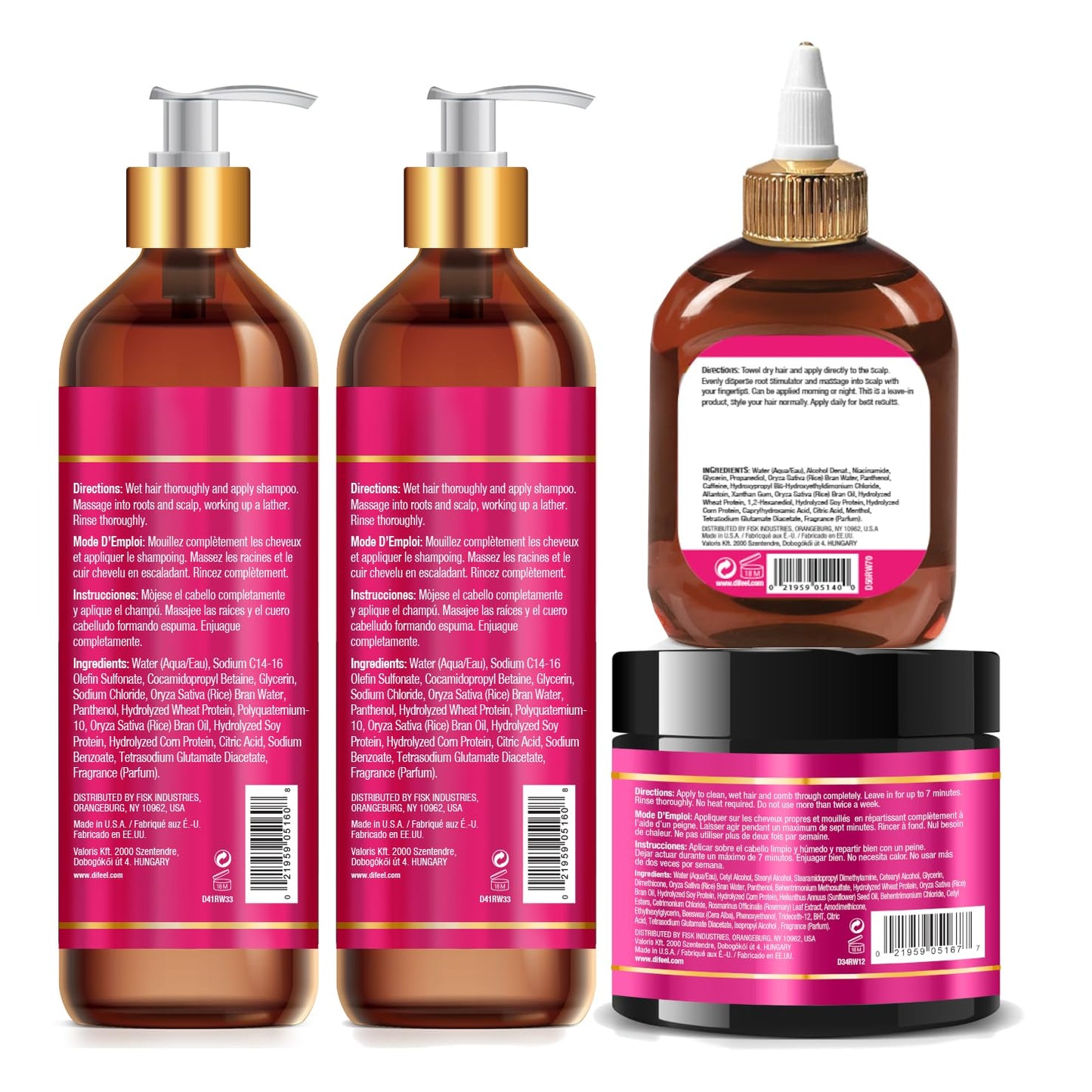 Difeel Rice Water Hair Care 4PC Shampoo & Conditioner Deep Treatment Set - Includes 33.8oz Shampoo, 33.8oz Conditioner, 12oz Hair Mask, 7.1oz Root
