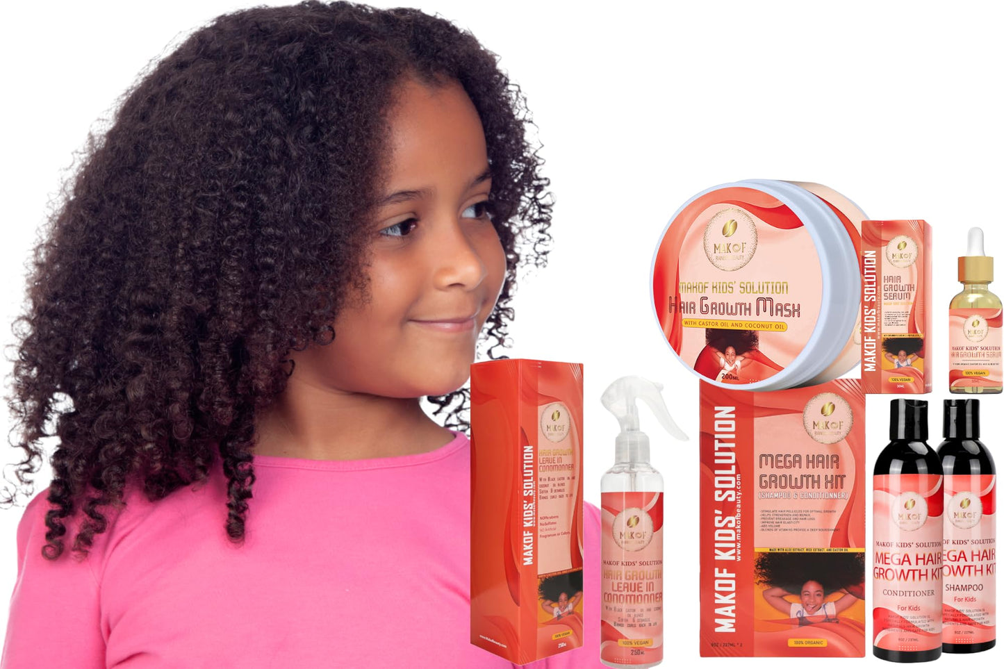 MAKOF Kid’s Hair Growth Set. Shampoo & Conditioner with black castor oil, Wheat Protein, Argan, Jojoba, Aloe Vera, , Mask Treatment and Leave-in