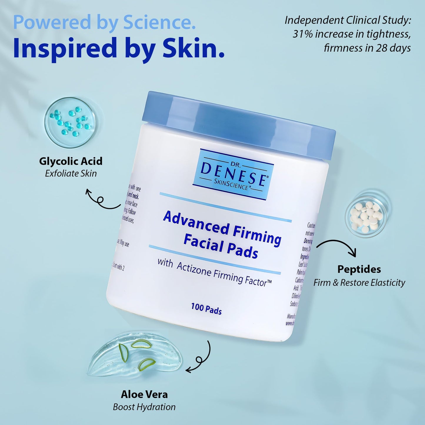 Dr. Denese SkinScience Advanced Firming Facial Pads 100 Count - Professional Exfoliator with Glycolic Acid, Peptides and Aloe for Smooth Radiant Skin