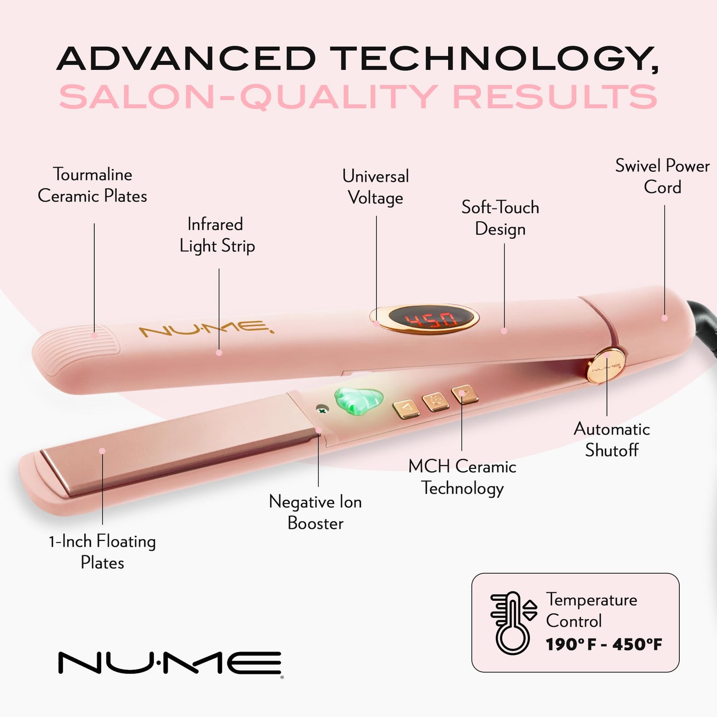 NuMe Megastar Hair Straightener, Blush | 1-inch Tourmaline Flat Iron with Floating Plates, Infrared Light and Negative Ions - Professional Styling